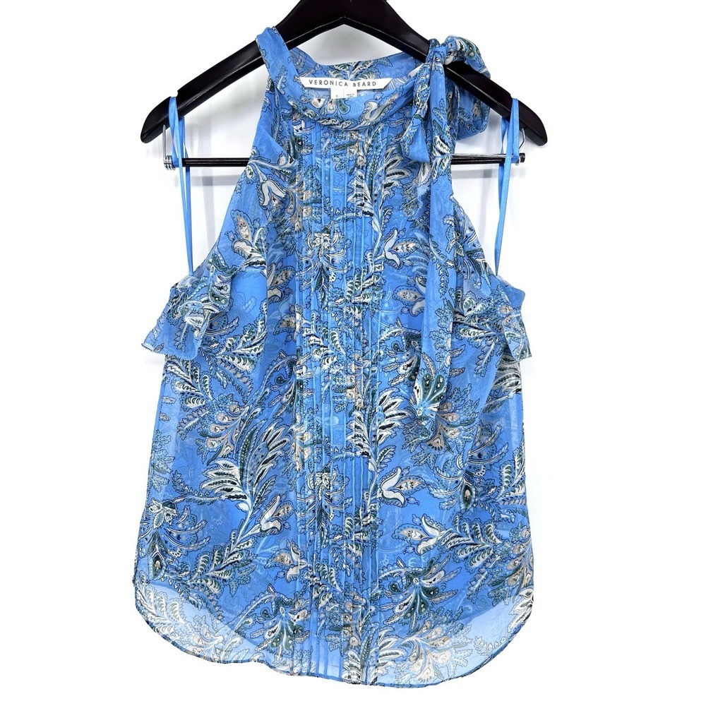 Veronica Beard Blue Silk Floral Dali Top Size 6 Ruffle Boho Chic Feminine - Picture 6 of 14
